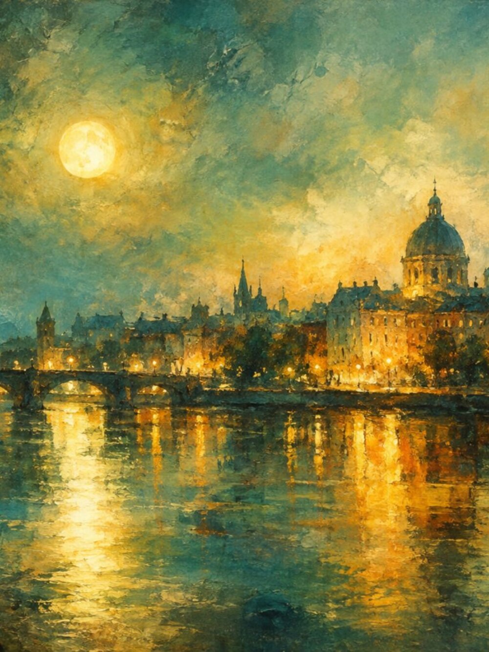 Midnight River over Prague Fine Art Print - Gold & Teal